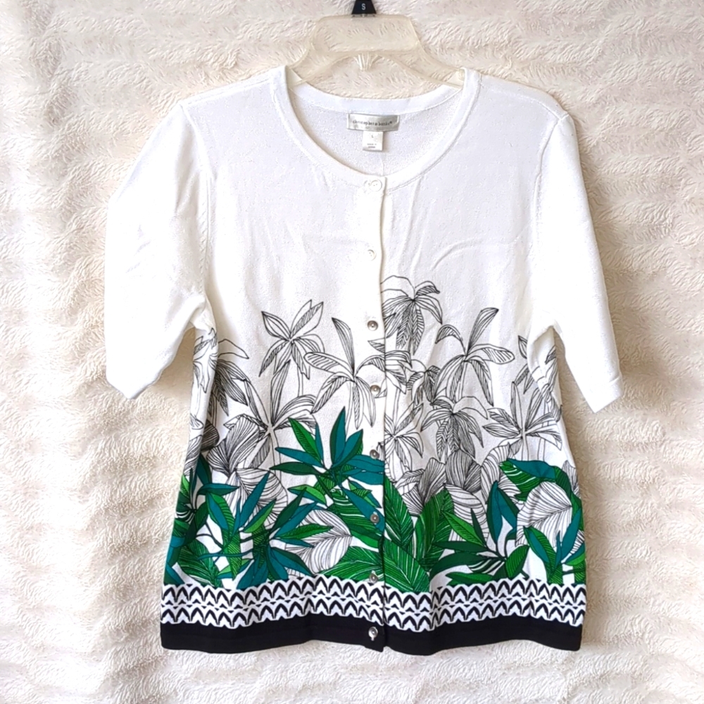 🆕 Christopher & Banks White Black Cardigan Sweater Top Sz L Green Plant Cotton